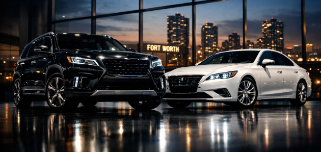 Two vehicles in front of the Fort Worth skyline at dusk